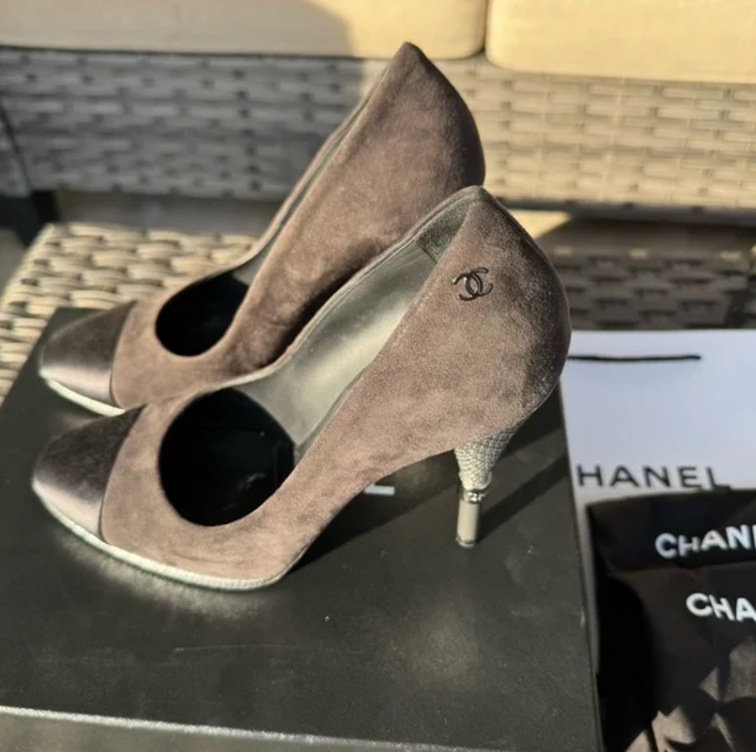 Chanel Cap Toe Suede Metal Logo Heels Pumps