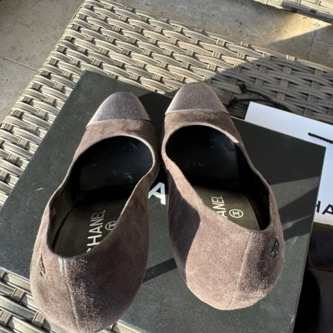 Chanel Cap Toe Suede Metal Logo Heels Pumps