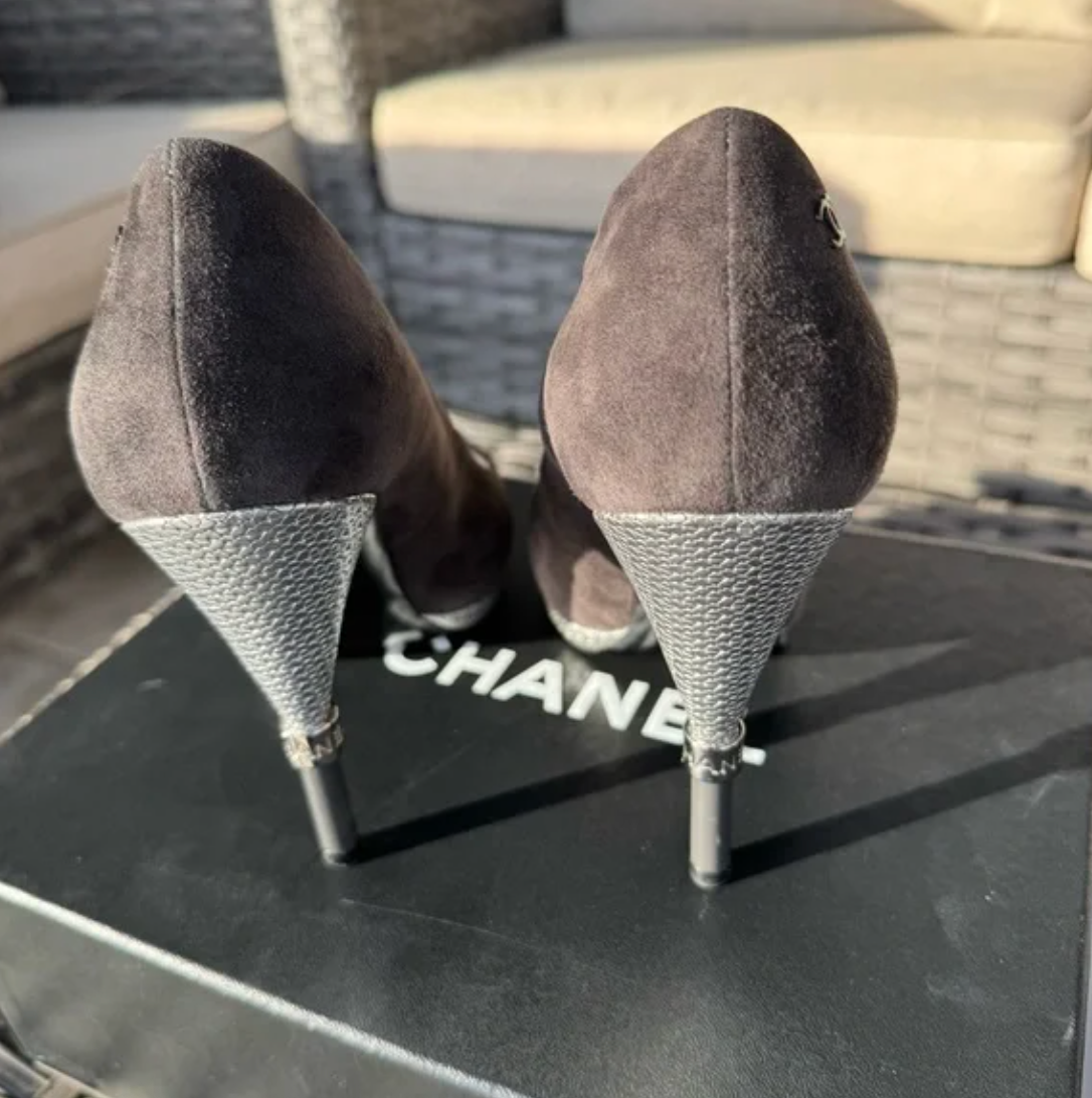 Chanel Cap Toe Suede Metal Logo Heels Pumps