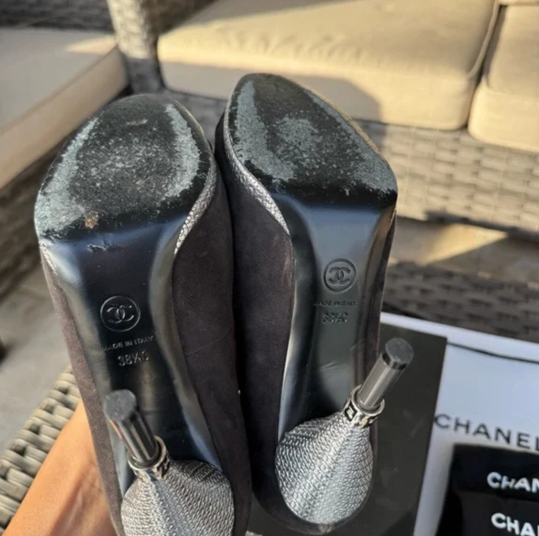Chanel Cap Toe Suede Metal Logo Heels Pumps