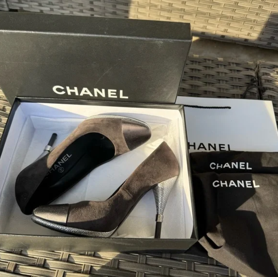 Chanel Cap Toe Suede Metal Logo Heels Pumps