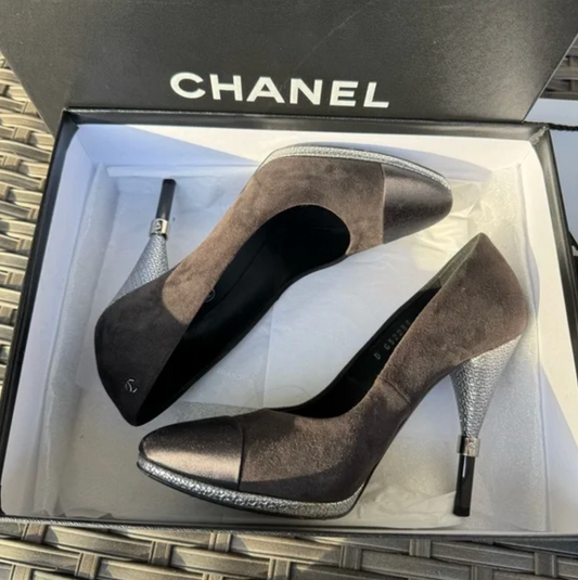 Chanel Cap Toe Suede Metal Logo Heels Pumps