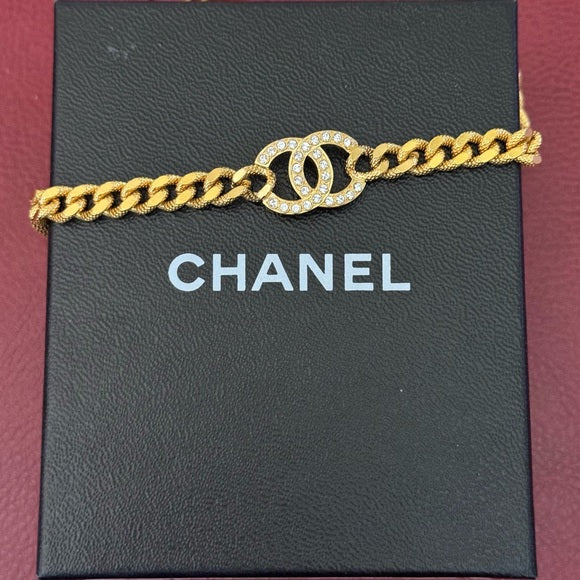 Chanel Gold Metal Crystal CC Curb Chain Choker Necklace