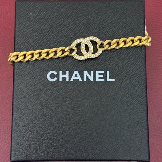 Chanel Gold Metal Crystal CC Curb Chain Choker Necklace