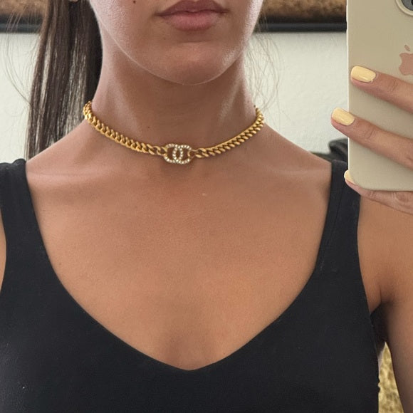 Chanel Gold Metal Crystal CC Curb Chain Choker Necklace