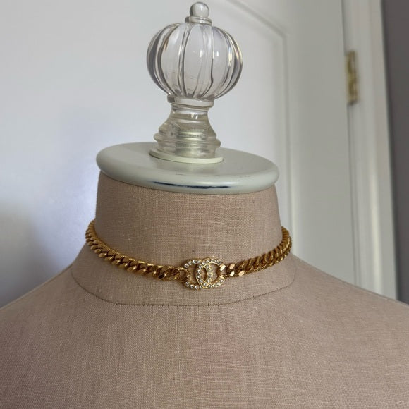 Chanel Gold Metal Crystal CC Curb Chain Choker Necklace