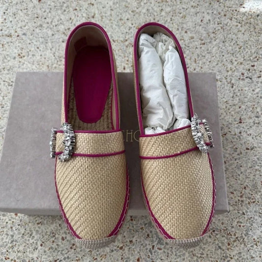 Jimmy Choo Lichi Raffia Espadrille Flats Pink Crystal Buckle New in Box Size 9