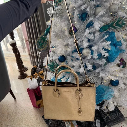 Michael Kors Mercer Large Metallic Pebbled Leather Tote Gold Shoulder Bag