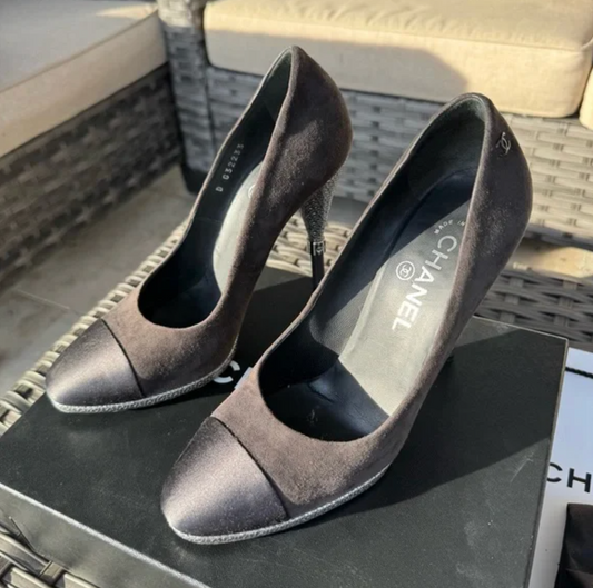 Chanel Cap Toe Suede Metal Logo Heels Pumps