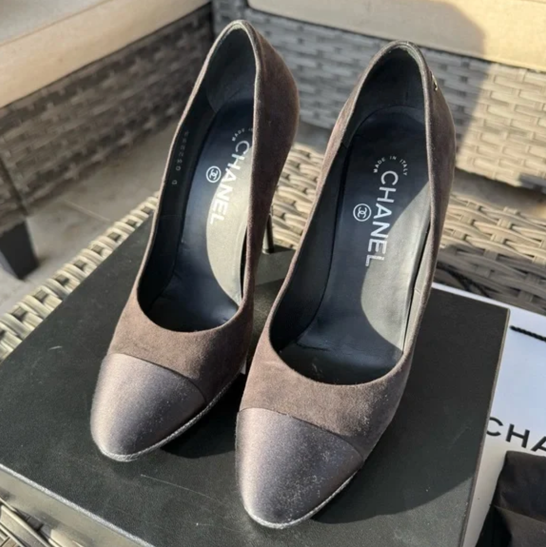 Chanel Cap Toe Suede Metal Logo Heels Pumps