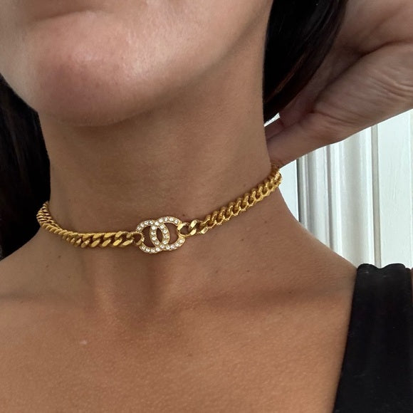Chanel Gold Metal Crystal CC Curb Chain Choker Necklace