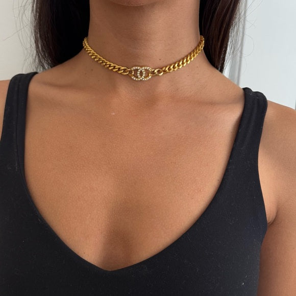 Chanel Gold Metal Crystal CC Curb Chain Choker Necklace