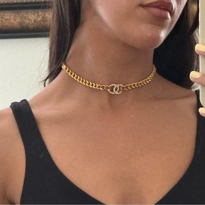 Chanel Gold Metal Crystal CC Curb Chain Choker Necklace