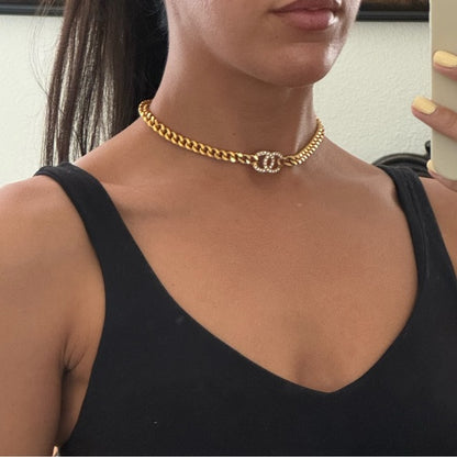 Chanel Gold Metal Crystal CC Curb Chain Choker Necklace