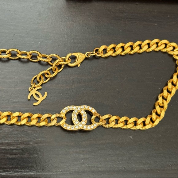 Chanel Gold Metal Crystal CC Curb Chain Choker Necklace