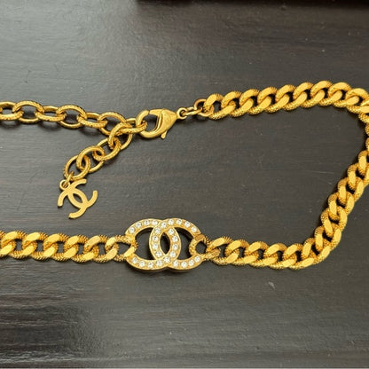 Chanel Gold Metal Crystal CC Curb Chain Choker Necklace