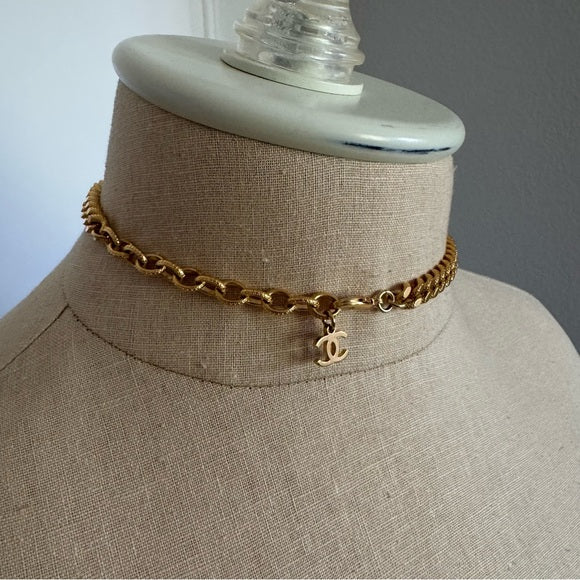 Chanel Gold Metal Crystal CC Curb Chain Choker Necklace