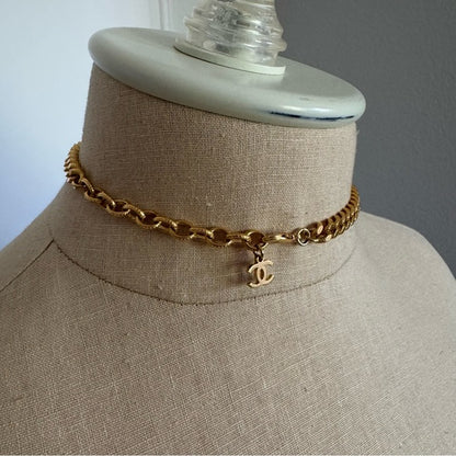 Chanel Gold Metal Crystal CC Curb Chain Choker Necklace