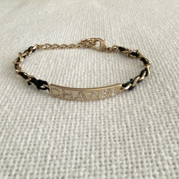 CHANEL Goldtone Chain And Crystal Logo ID Bracelet