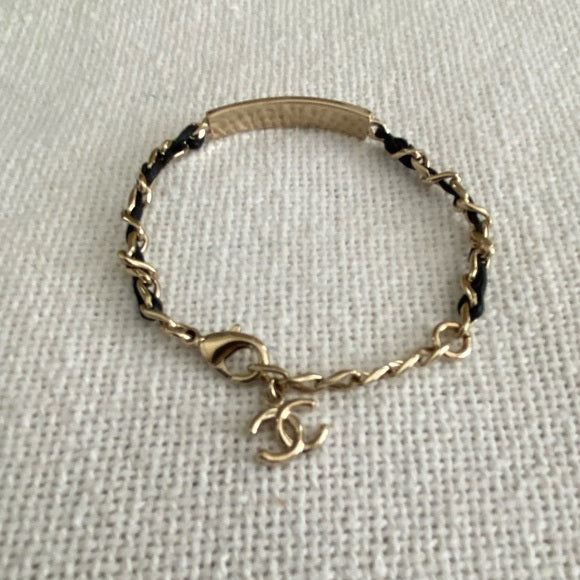 CHANEL Goldtone Chain And Crystal Logo ID Bracelet