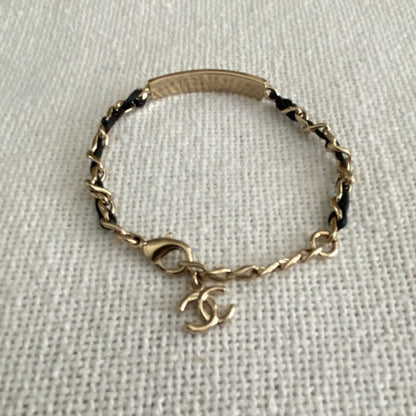 CHANEL Goldtone Chain And Crystal Logo ID Bracelet