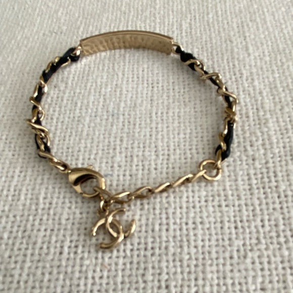 CHANEL Goldtone Chain And Crystal Logo ID Bracelet