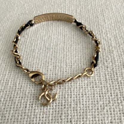 CHANEL Goldtone Chain And Crystal Logo ID Bracelet