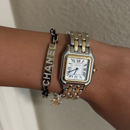 CHANEL Goldtone Chain And Crystal Logo ID Bracelet