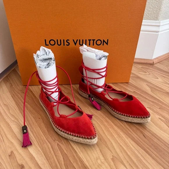 Louis Vuitton Red Suede Lace Up Espadrille Flats