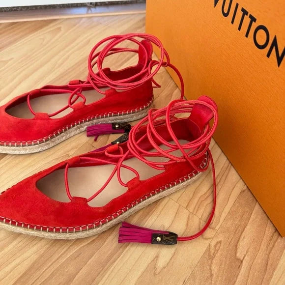 Louis Vuitton Red Suede Lace Up Espadrille Flats