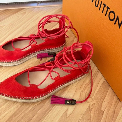 Louis Vuitton Red Suede Lace Up Espadrille Flats
