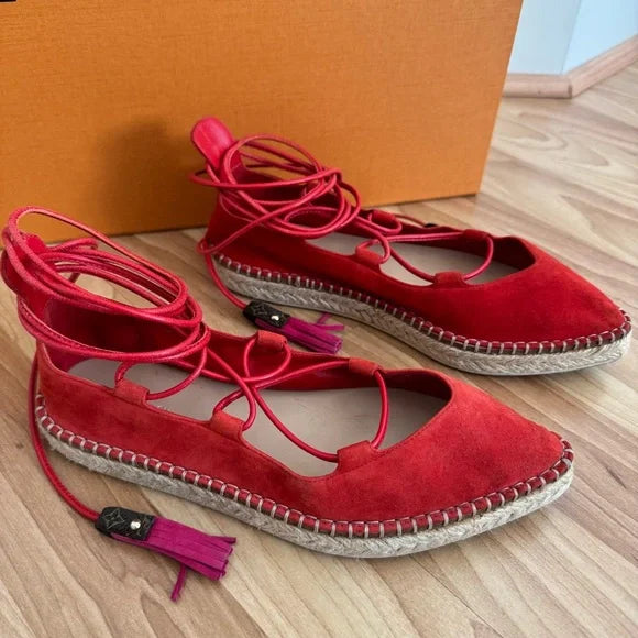 Louis Vuitton Red Suede Lace Up Espadrille Flats