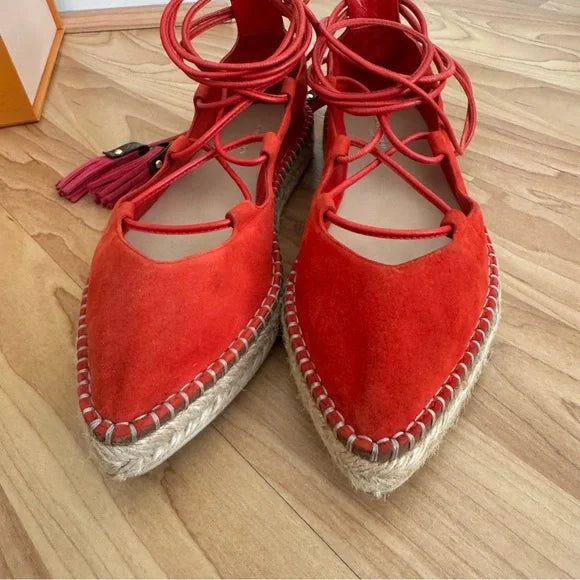 Louis Vuitton Red Suede Lace Up Espadrille Flats