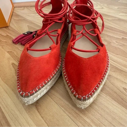 Louis Vuitton Red Suede Lace Up Espadrille Flats