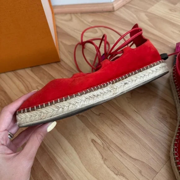Louis Vuitton Red Suede Lace Up Espadrille Flats