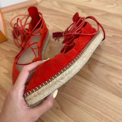 Louis Vuitton Red Suede Lace Up Espadrille Flats