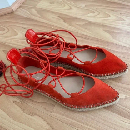 Louis Vuitton Red Suede Lace Up Espadrille Flats
