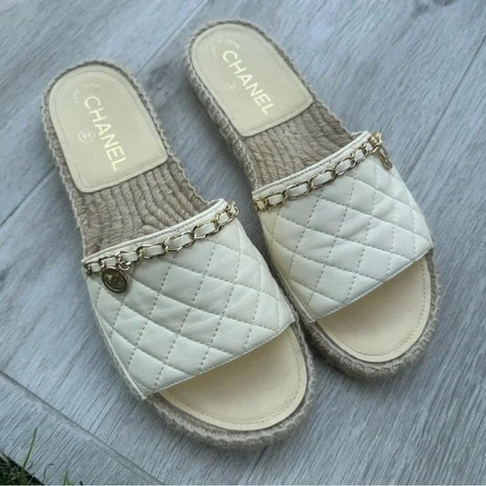 Chanel Interlocking CC Logo Espadrilles Slides