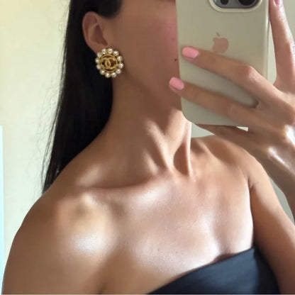 Chanel Vintage 90s Gold Metal CC Rhinestone-Embellished Button Earrings
