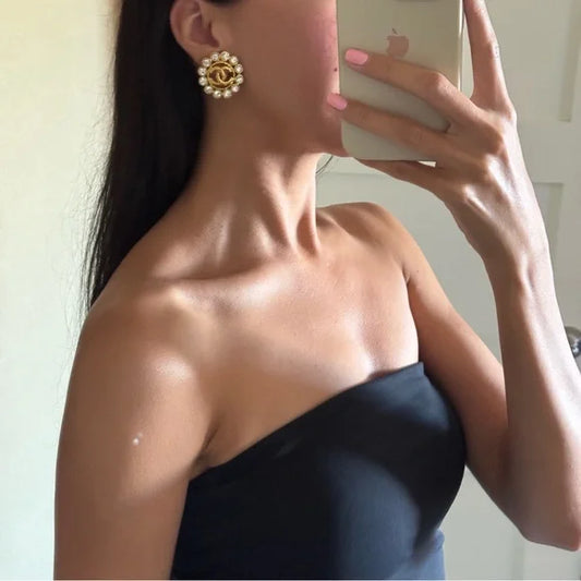 Chanel Vintage 90s Gold Metal CC Rhinestone-Embellished Button Earrings
