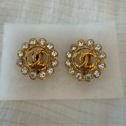 Chanel Vintage 90s Gold Metal CC Rhinestone-Embellished Button Earrings
