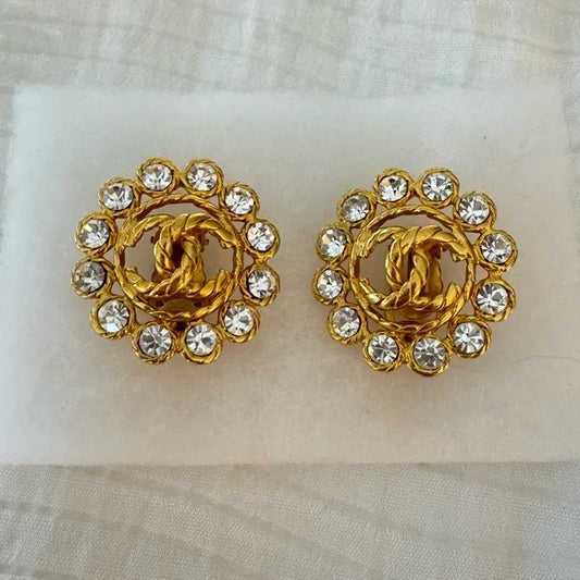 Chanel Vintage 90s Gold Metal CC Rhinestone-Embellished Button Earrings