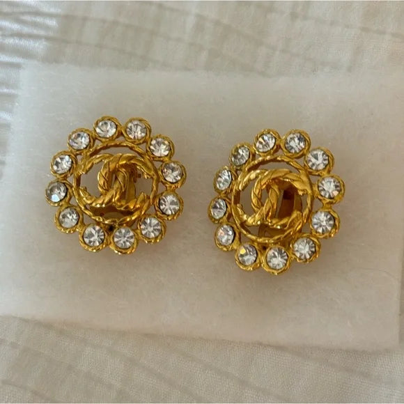 Chanel Vintage 90s Gold Metal CC Rhinestone-Embellished Button Earrings