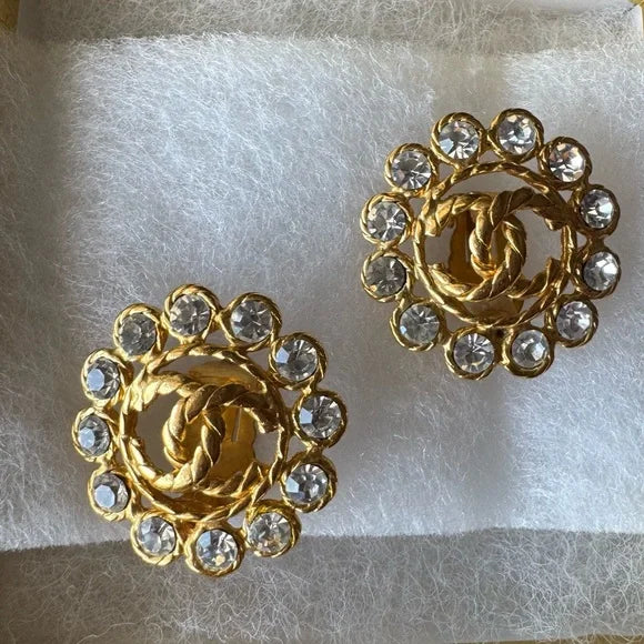 Chanel Vintage 90s Gold Metal CC Rhinestone-Embellished Button Earrings