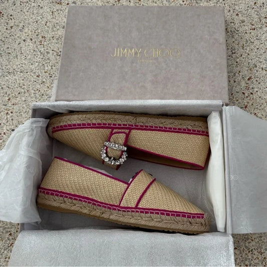 Jimmy Choo Lichi Raffia Espadrille Flats Pink Crystal Buckle New in Box Size 9