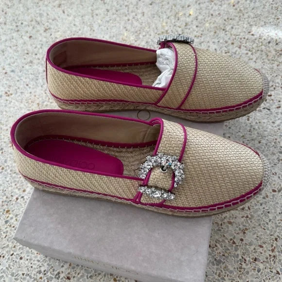 Jimmy Choo Lichi Raffia Espadrille Flats Pink Crystal Buckle New in Box Size 9