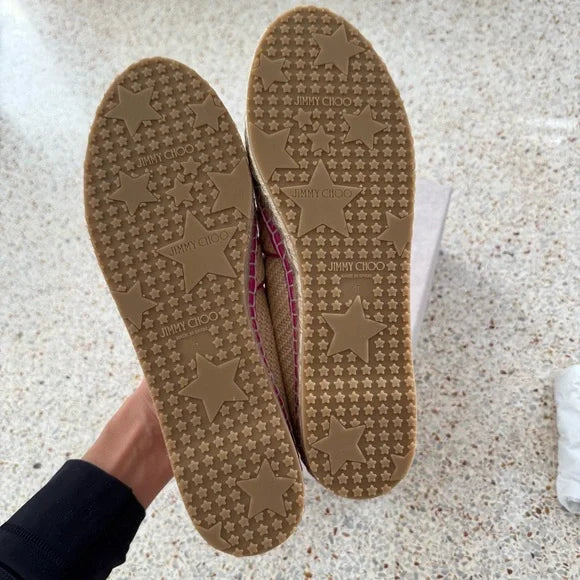 Jimmy Choo Lichi Raffia Espadrille Flats Pink Crystal Buckle New in Box Size 9