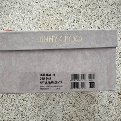 Jimmy Choo Lichi Raffia Espadrille Flats Pink Crystal Buckle New in Box Size 9