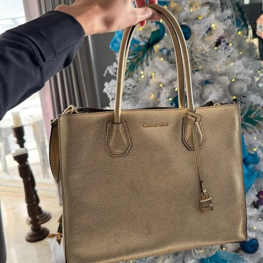 Michael Kors Mercer Large Metallic Pebbled Leather Tote Gold Shoulder Bag