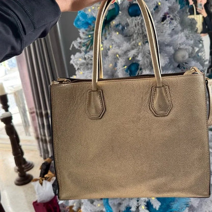 Michael Kors Mercer Large Metallic Pebbled Leather Tote Gold Shoulder Bag